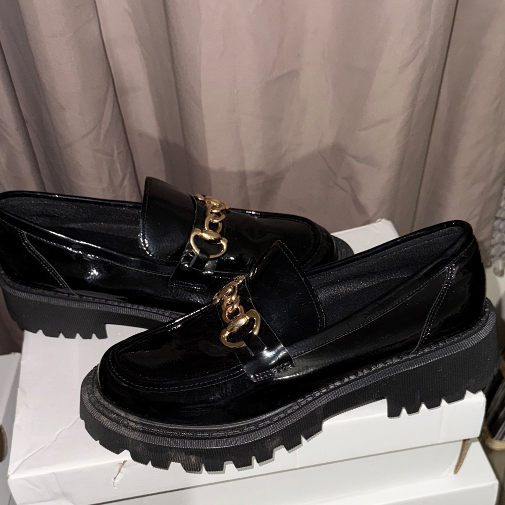 Black Patent Leather Loafers with Gold Chain
